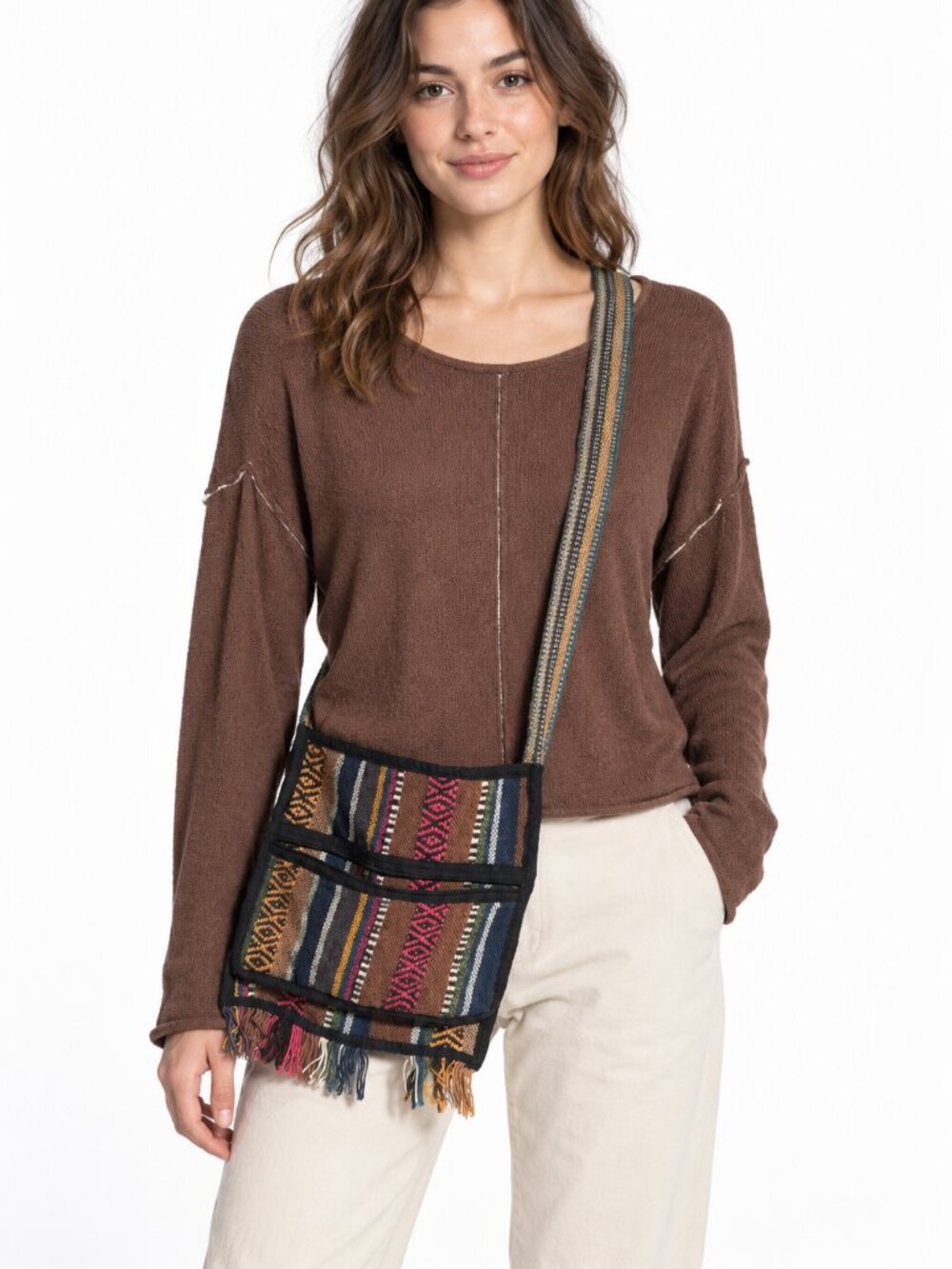 Zara Brown Knit Crop Sweater & Boho Woven Crossbody Bag Set